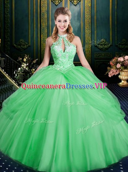 Dramatic Floor Length Lace Up Sweet 16 Dresses Green for Military Ball and Sweet 16 and Quinceanera with Beading and Pick Ups - Click Image to Close
