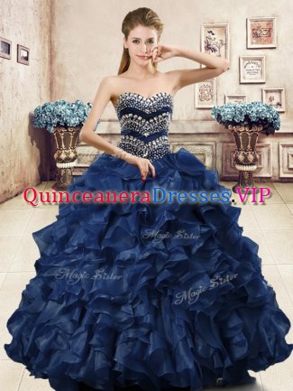 Navy Blue Organza Lace Up Sweet 16 Dress Sleeveless Floor Length Beading and Ruffles