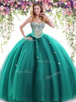 Dark Green Tulle Lace Up Sweetheart Sleeveless Floor Length Quinceanera Dresses Beading