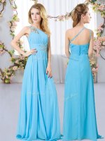 Aqua Blue Empire Chiffon One Shoulder Sleeveless Beading Floor Length Zipper Dama Dress(SKU BMT0417BIZ)