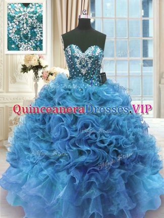 Chic Blue Sleeveless Organza Lace Up Sweet 16 Dress for Military Ball and Sweet 16 and Quinceanera