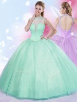 Discount Apple Green High-neck Lace Up Beading Sweet 16 Quinceanera Dress Sleeveless