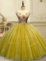 Nice Gold Lace Up Vestidos de Quinceanera Appliques and Sequins Sleeveless Floor Length