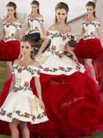 Off The Shoulder Sleeveless Tulle Quinceanera Gown Embroidery and Ruffles Lace Up