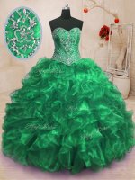New Style Organza Sweetheart Sleeveless Sweep Train Lace Up Beading and Ruffles Ball Gown Prom Dress in Green