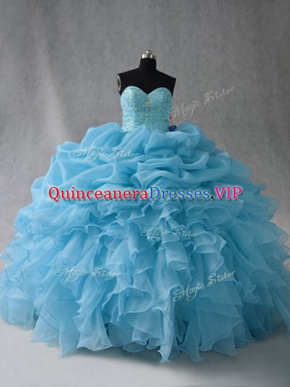 Floor Length Baby Blue Quinceanera Dresses Organza Sleeveless Beading and Ruffles and Pick Ups - Click Image to Close
