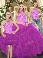 Tulle Halter Top Sleeveless Lace Up Embroidery and Ruffles Sweet 16 Dresses in Fuchsia