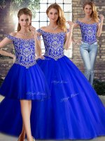 Pretty Royal Blue Sleeveless Tulle Brush Train Lace Up Vestidos de Quinceanera for Military Ball and Sweet 16 and Quinceanera