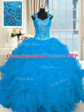 Affordable Organza Straps Cap Sleeves Lace Up Beading and Ruffles Quinceanera Dress in Aqua Blue