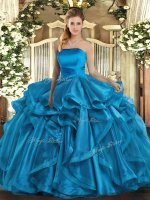 Adorable Baby Blue Ball Gowns Ruffles Quince Ball Gowns Lace Up Organza Sleeveless Floor Length