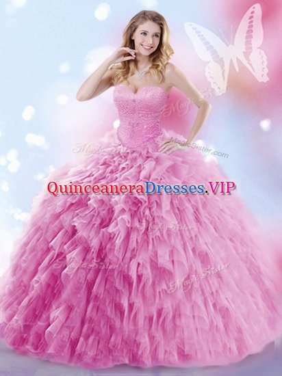 Beading and Ruffles 15th Birthday Dress Rose Pink Lace Up Sleeveless Brush Train - Click Image to Close
