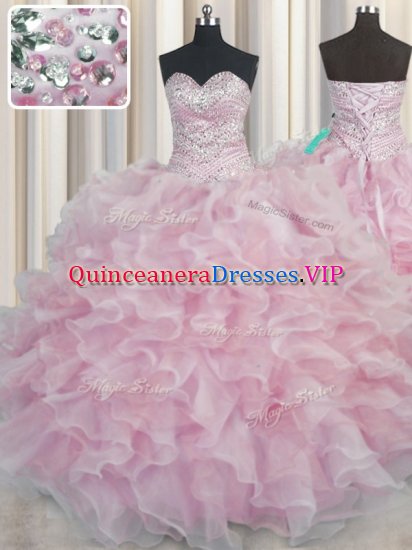 New Style Bling-bling Floor Length Lace Up Quinceanera Dresses Pink for Military Ball and Sweet 16 and Quinceanera with Beading and Ruffles - Click Image to Close
