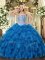 Blue Lace Up Ball Gown Prom Dress Beading and Ruffles Sleeveless Floor Length