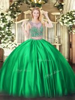 Green Satin Lace Up Scoop Sleeveless Floor Length Quinceanera Gown Beading