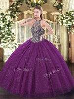 Eggplant Purple Halter Top Lace Up Beading Quince Ball Gowns Sleeveless