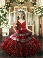 Red Backless V-neck Beading and Appliques and Ruffles Girls Pageant Dresses Sleeveless(SKU PAG1172-2BIZ)