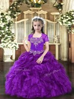 Fancy Purple Ball Gowns Straps Sleeveless Organza Floor Length Lace Up Beading and Ruffles Child Pageant Dress