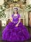 Fancy Purple Ball Gowns Straps Sleeveless Organza Floor Length Lace Up Beading and Ruffles Child Pageant Dress