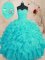 Floor Length Aqua Blue Ball Gown Prom Dress Organza Sleeveless Beading and Ruffles