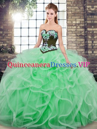 Apple Green Sleeveless Embroidery and Ruffles Lace Up Sweet 16 Dress