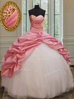 Customized Pink And White Sleeveless Beading and Pick Ups and Hand Made Flower Floor Length Sweet 16 Quinceanera Dress
