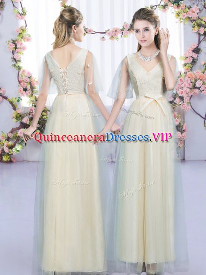 Decent Lace and Bowknot Quinceanera Court of Honor Dress Champagne Lace Up Sleeveless Floor Length - Click Image to Close