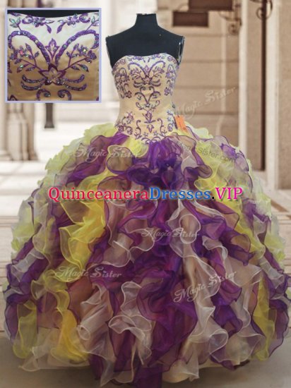 Multi-color Strapless Neckline Beading and Ruffles 15 Quinceanera Dress Sleeveless Lace Up - Click Image to Close