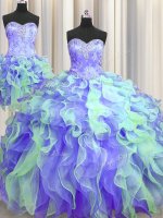 Beauteous Three Piece Multi-color Ball Gowns Sweetheart Sleeveless Organza Floor Length Lace Up Beading and Appliques and Ruffles 15 Quinceanera Dress