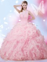 High End Baby Pink Sleeveless Floor Length Beading and Ruffles and Pick Ups Lace Up Quince Ball Gowns