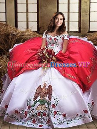 Off the Shoulder White And Red Ball Gowns Embroidery and Ruffled Layers Quinceanera Gowns Lace Up Organza and Taffeta Sleeveless
