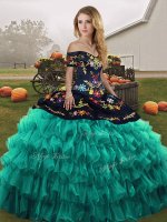 Fantastic Turquoise Ball Gowns Off The Shoulder Sleeveless Organza Floor Length Lace Up Embroidery and Ruffled Layers Vestidos de Quinceanera