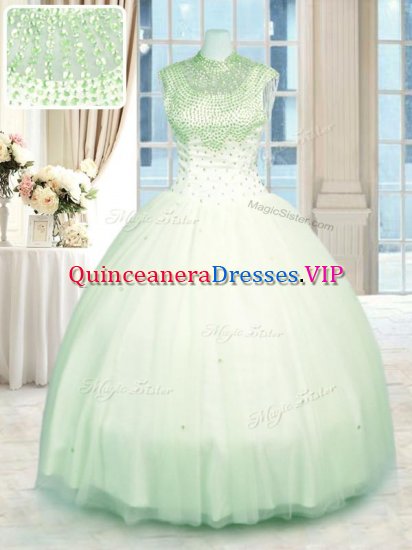 Noble Floor Length Green Quinceanera Dresses High-neck Sleeveless Zipper - Click Image to Close