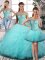 Best Tulle Off The Shoulder Sleeveless Lace Up Beading and Ruffles Sweet 16 Dresses in Aqua Blue