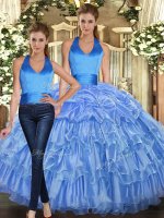Sweet Baby Blue Ball Gowns Organza Halter Top Sleeveless Ruffles and Pick Ups Floor Length Lace Up Vestidos de Quinceanera(SKU SJQDDT1651009BIZ)
