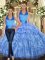 Sweet Baby Blue Ball Gowns Organza Halter Top Sleeveless Ruffles and Pick Ups Floor Length Lace Up Vestidos de Quinceanera
