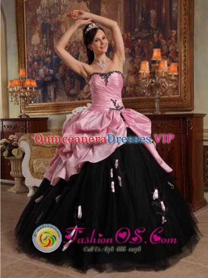 Torfaen Gwent Hand Made Flowers New Arrival Rose Pink and Black Sweet 16 Dress Sweetheart Tulle and Taffeta Stylish Ball Gown - Click Image to Close