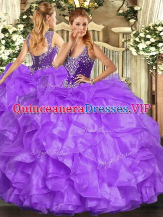 Lavender Straps Neckline Beading and Ruffles 15th Birthday Dress Sleeveless Lace Up
