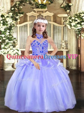 Affordable Sleeveless Floor Length Appliques Lace Up Child Pageant Dress with Lavender