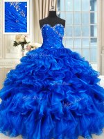 Custom Designed Royal Blue Organza Lace Up Sweet 16 Dresses Sleeveless Floor Length Beading and Ruffles