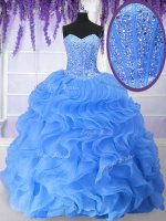 Hot Selling Blue Sweetheart Lace Up Ruffles and Sequins Ball Gown Prom Dress Sleeveless