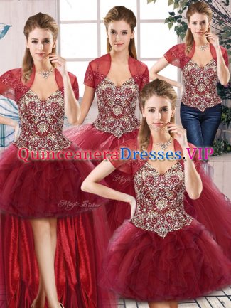 Burgundy Tulle Lace Up Off The Shoulder Sleeveless Floor Length Sweet 16 Quinceanera Dress Beading and Ruffles