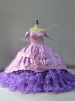Off The Shoulder Sleeveless Quinceanera Dresses Chapel Train Embroidery and Ruffles Lavender Organza(SKU PSSW0987BIZ)