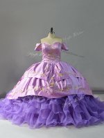 Off The Shoulder Sleeveless Quinceanera Dresses Chapel Train Embroidery and Ruffles Lavender Organza