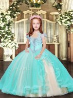 Top Selling Aqua Blue Tulle Lace Up Straps Sleeveless Floor Length Pageant Dress for Teens Beading