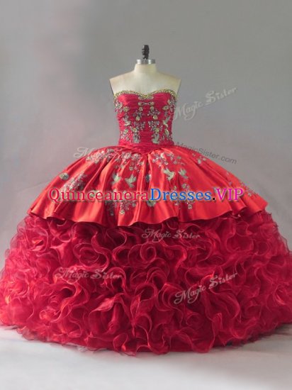 Sleeveless Fabric With Rolling Flowers Brush Train Lace Up Sweet 16 Dresses in Red with Embroidery - Click Image to Close