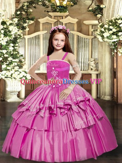 Lilac Ball Gowns Taffeta Straps Sleeveless Beading and Ruffled Layers Floor Length Lace Up Pageant Gowns For Girls - Click Image to Close
