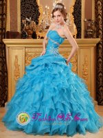 Cauca colombia Inexpensive Sky Blue Strapless Quinceanera Dress With Beading and Ruffles Decorate