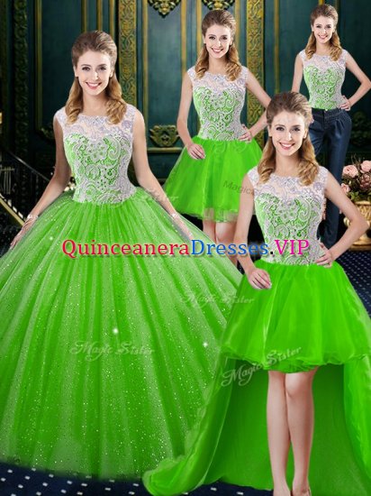 Adorable Four Piece Sleeveless Floor Length Lace Zipper Sweet 16 Dresses with Brush Train - Click Image to Close