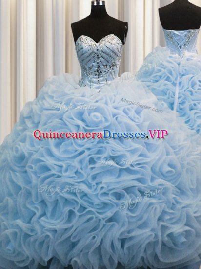 Classical Baby Blue Fabric With Rolling Flowers Lace Up Sweetheart Sleeveless Quince Ball Gowns Brush Train Beading and Pick Ups - Click Image to Close