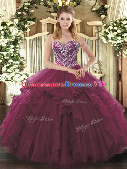 Admirable Burgundy Ball Gowns Beading and Ruffles Ball Gown Prom Dress Lace Up Tulle Sleeveless Floor Length - Click Image to Close